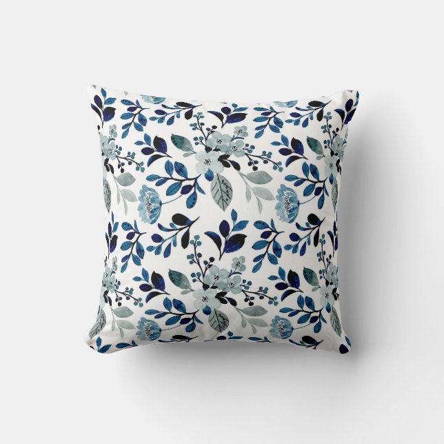 Aquarelle bleue motif floral lancer oreiller (Recto)