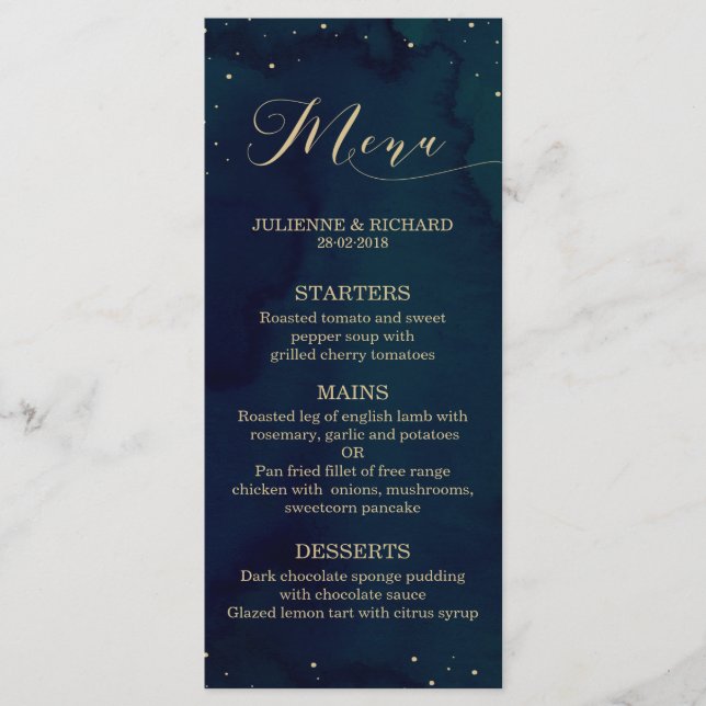 Aquarelle Bleue Nuit neigeuse Mariage d'hiver Menu (Devant)