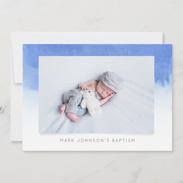 Aquarelle bleue Photo Baptême Party Invitation (Devant)