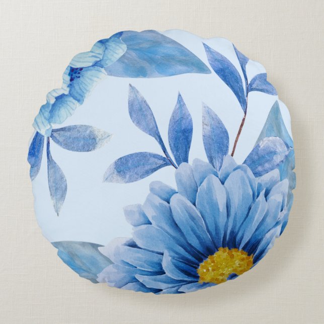Aquarelle bleue vive Floral Coussin rond (Devant)