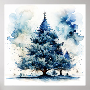 Aquarelle Blue Holiday Christmas Tree Poster