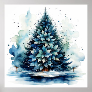 Aquarelle Blue Holiday Christmas Tree Poster