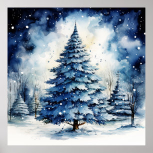 Aquarelle Blue Holiday Christmas Tree Poster