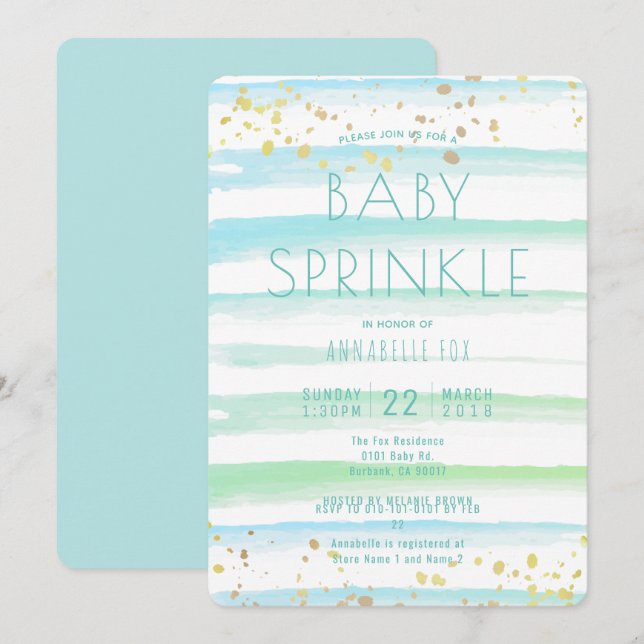 Aquarelle Blue Stripes Baby Sprinkle Invitation (Devant / Derrière)
