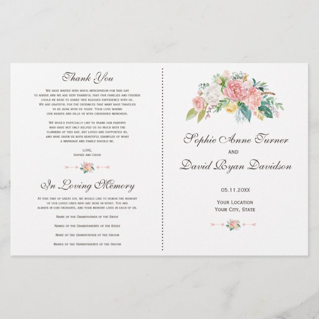 Aquarelle Blush White Flowers Programme de mariage (Devant)