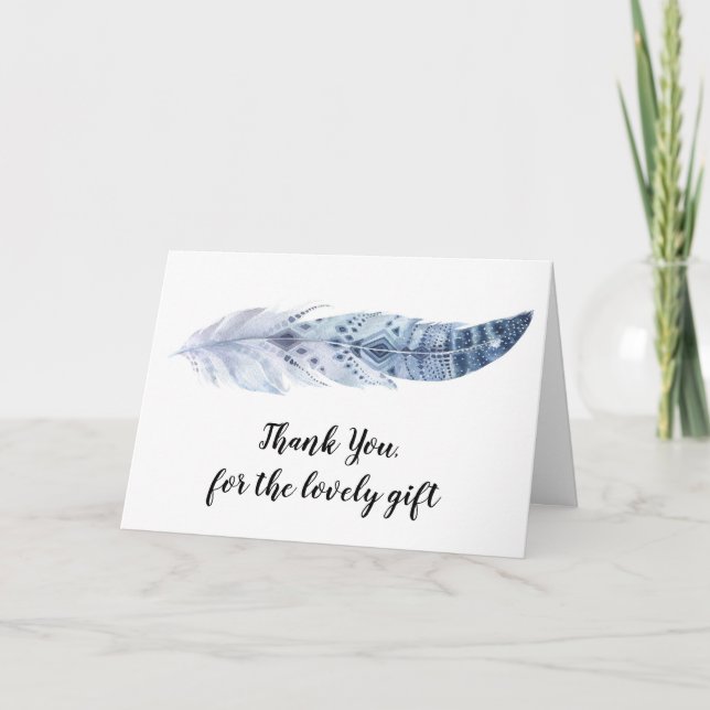 Aquarelle Boho Blue Feather - Carte de remerciemen (Devant)