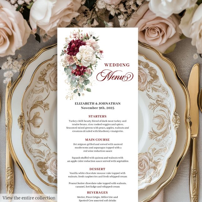 Aquarelle Boho Bourgogne Blanc Menu Mariage (Watercolor Boho Burgundy White Wedding Menu)