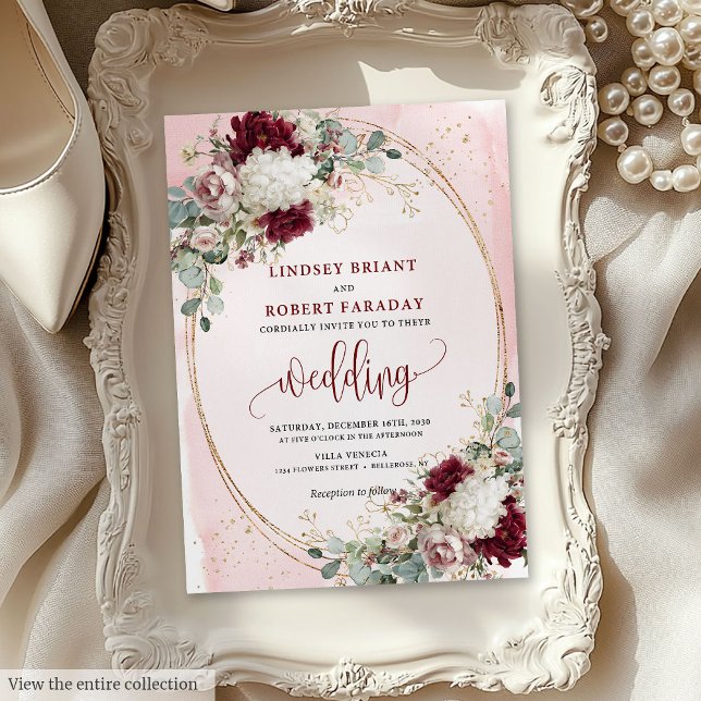 Aquarelle Boho Bourgogne Faire-part de mariage Flo (Watercolor Boho Burgundy Floral Wedding Invitation)