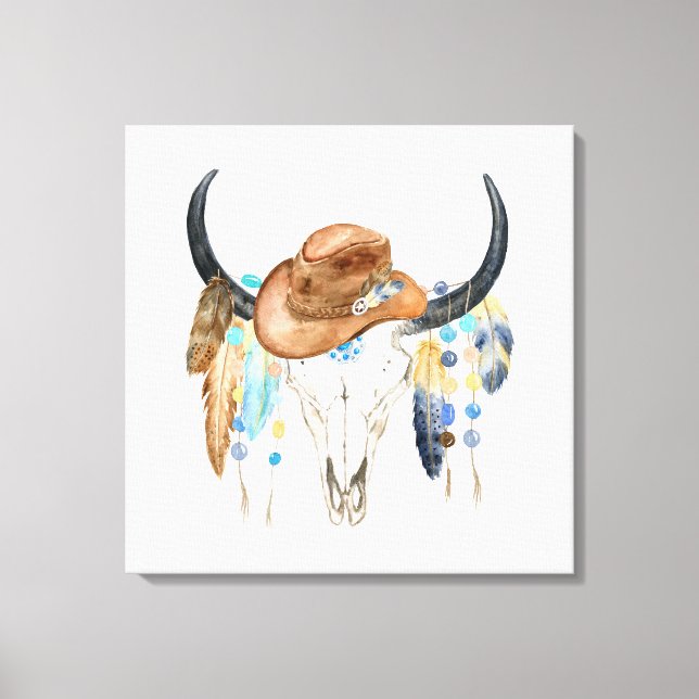 Aquarelle Boho Crâne et toile Casquette Cowboy Imp (Recto)