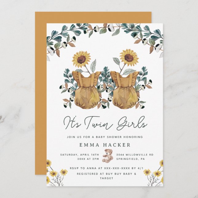 Aquarelle Boho Floral Twins Douche Invitation (Devant / Derrière)