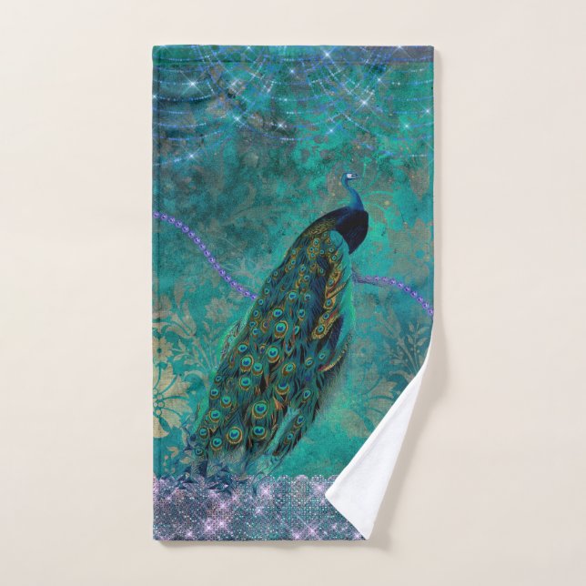 Aquarelle Boho Green Purple Peacock (Serviette à main)