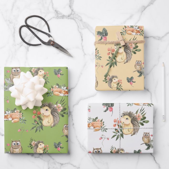 Aquarelle Bois Animaux Enveloppement Cadeau Papier (Recto)