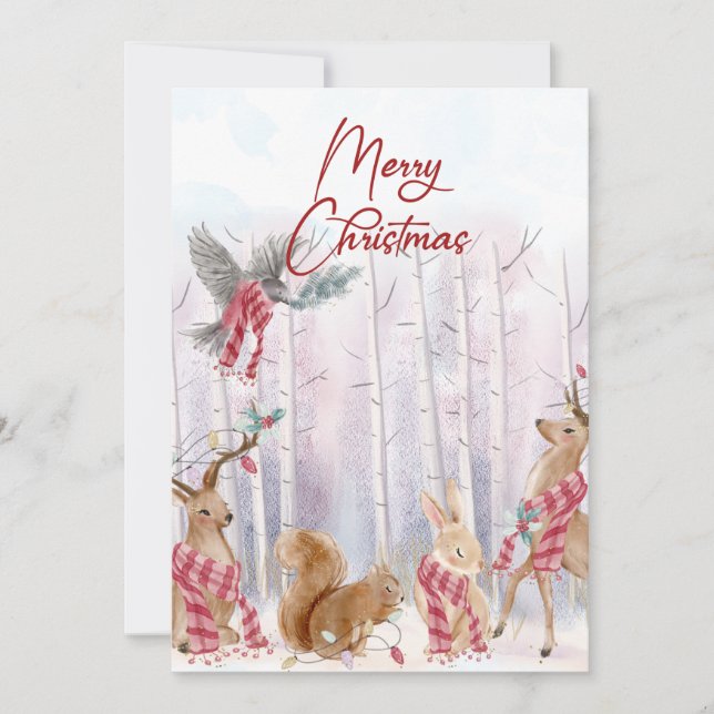 Aquarelle Bois Animaux Joyeux Noël Carte (Devant)