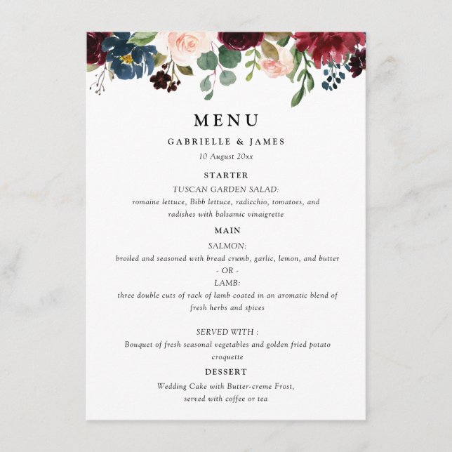 aquarelle bordeaux marine menu mariage floral (Devant)