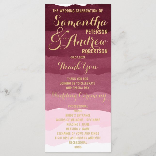 Aquarelle bordeaux or ombre programme de mariage (Devant)