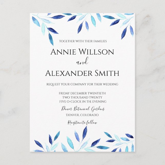 Aquarelle Botanique Bleue Invitation de mariage d' (Devant)