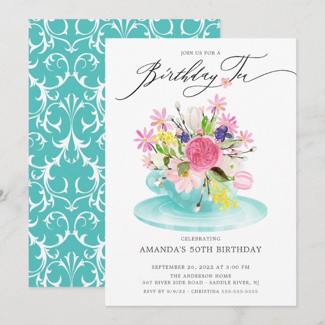 Aquarelle Bouquet floral Invitation à thé pour l'a (Devant / Derrière)