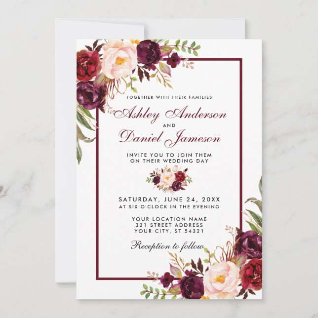 Aquarelle Bourgogne Faire-part de mariage Floral (Devant)