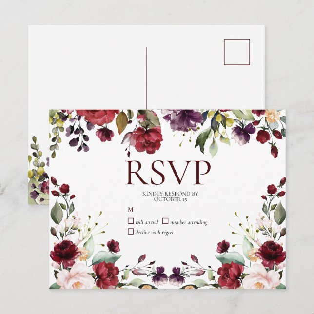 Aquarelle Bourgogne Floral Drop Pas de menu RSVP (Devant / Derrière)