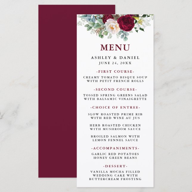 Aquarelle Bourgogne Floral Green Menu Mariage (Devant / Derrière)