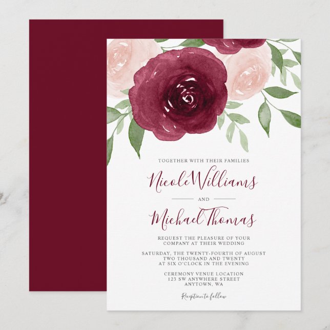 Aquarelle Bourgogne Floral Wedding Invitations (Devant / Derrière)