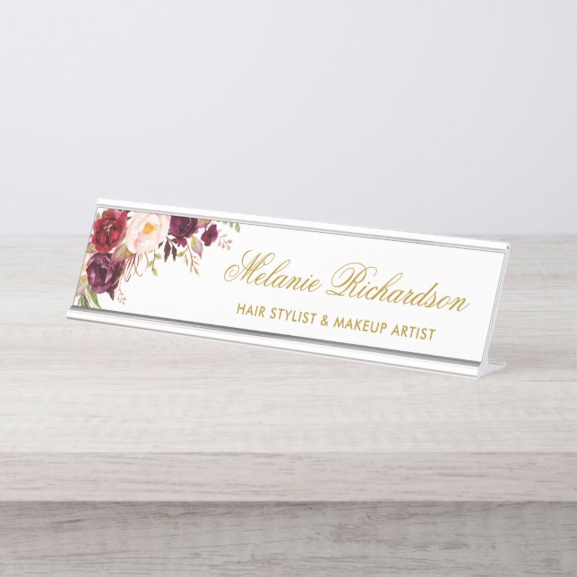 Aquarelle Bourgogne Florale Plaque de nom or (Devant)