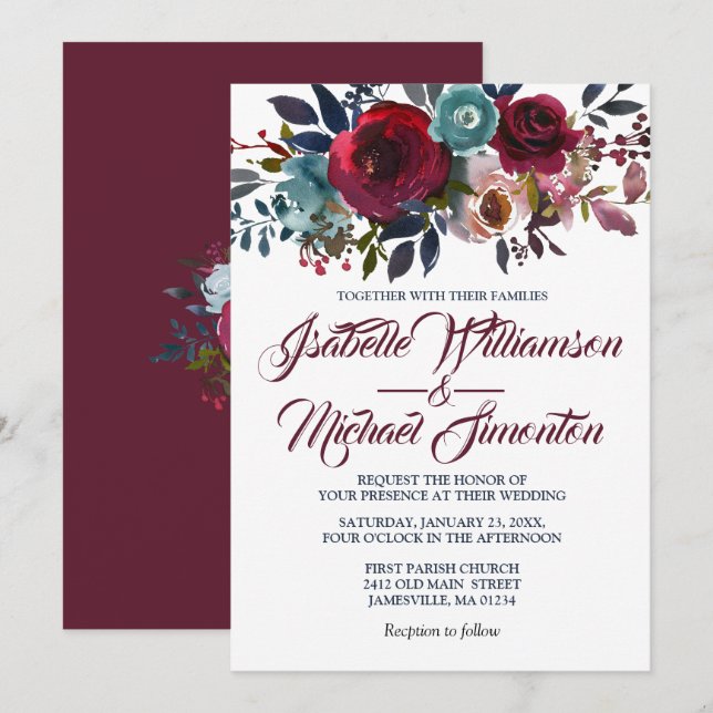 Aquarelle Bourgogne Rouge Floral Invitations de ma (Devant / Derrière)