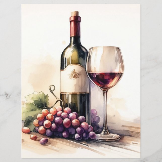 Aquarelle Bouteille de vin et de raisins papier à  (Devant)