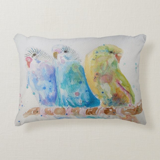 Aquarelle Budgie peinture Oiseau Décor Coussin (Devant)