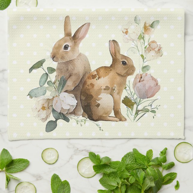 Aquarelle Bunny rose serviette de cuisine (Plié)
