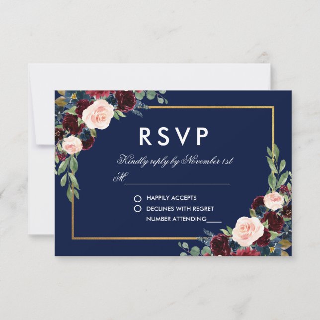Aquarelle Burgundy Bleu Floral Or RSVP (Devant)
