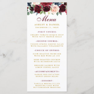 Aquarelle Burgundy Blue Floral Gold Menu Mariage