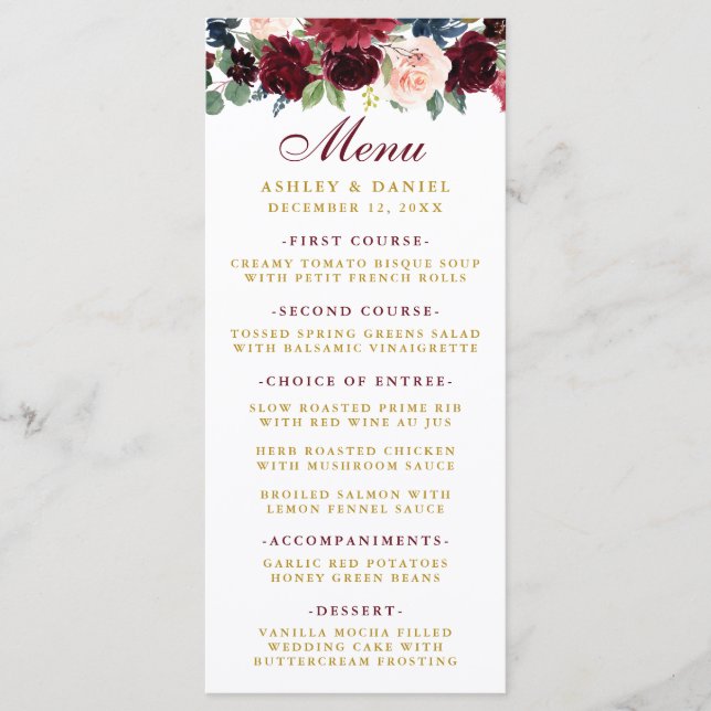 Aquarelle Burgundy Blue Floral Gold Menu Mariage (Devant)