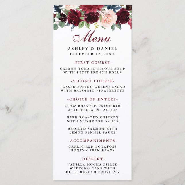 Aquarelle Burgundy Blue Floral Menu Mariage (Devant)