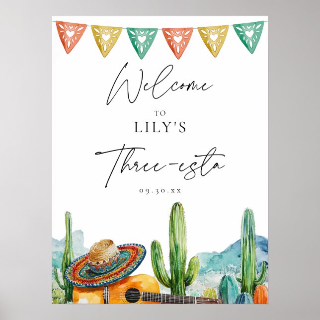 Aquarelle Cactus Fiesta 3ème anniversaire Affiche  (Devant)