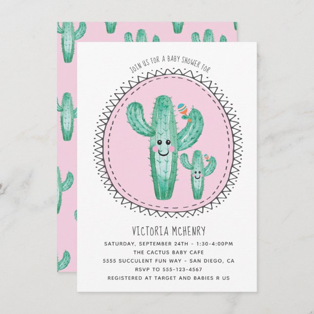 Aquarelle Cactus Momma et Baby shower Invitation (Devant / Derrière)