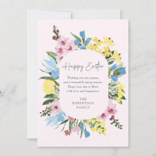 Aquarelle, Cadre floral Joyeux Pâques, Carte rose
