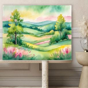Aquarelle Campagne Paysage avec Arbres Poster