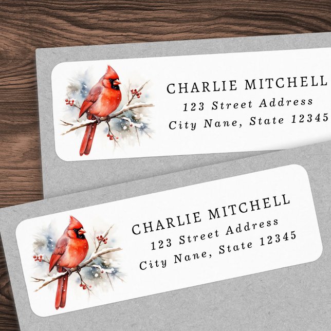 Aquarelle cardinale rouge Adresse de retour de Noë (Red cardinal watercolor Christmas return address Label)