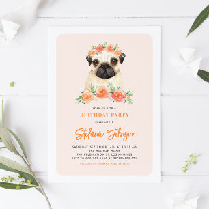 Aquarelle Carlin Pêche Florale Invitation d'annive