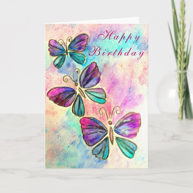 Aquarelle Carte Anniversaire Papillons rose pourpr (Devant)