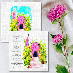 Aquarelle Chapelle rose Faire-part de mariage mexi