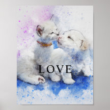 Aquarelle Chat & Chien Bureau Décor Matte Poster