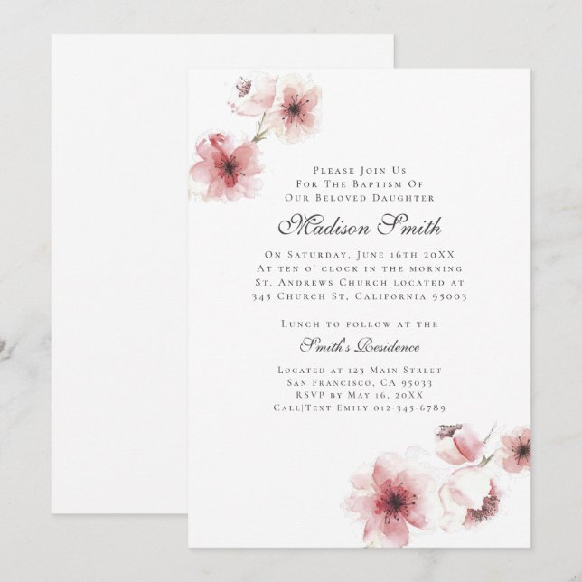 Aquarelle Cherry Blossoms Invitation Baptême (Devant / Derrière)
