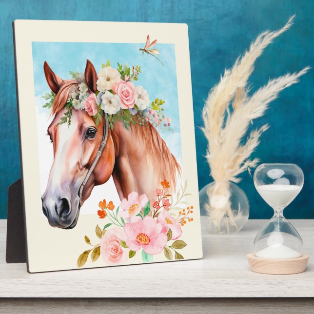 Aquarelle Cheval et Fleurs Table Top Plaque (Côté)