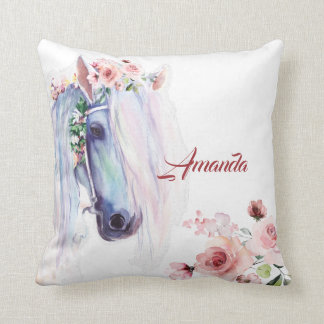 Aquarelle cheval et rose lancer oreiller