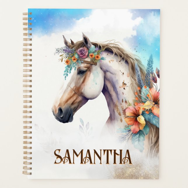 Aquarelle cheval tête de fleurs botaniques tropica (Devant)
