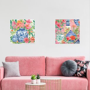 Aquarelle Chinoiserie Ginger Jars & Fleurs roses