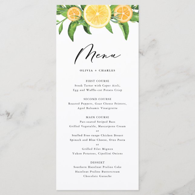 Aquarelle Citrons et Oranges Citrus Menu Mariage (Devant)