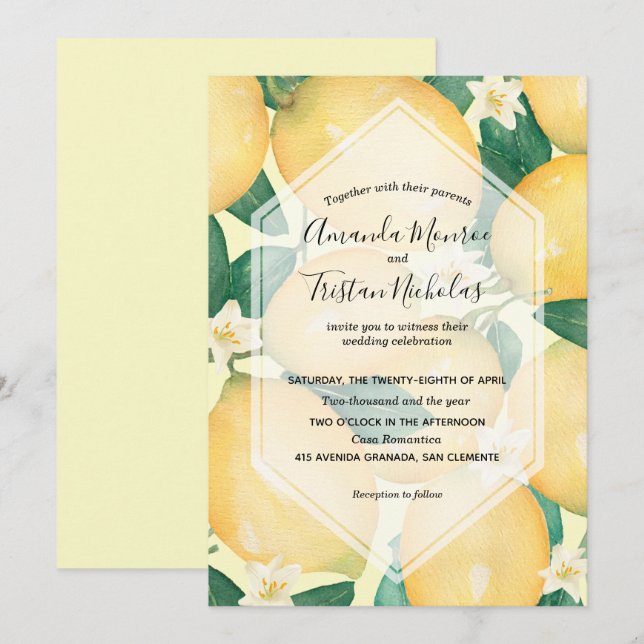 Aquarelle Citrons Vert Mariage Invitations (Devant / Derrière)